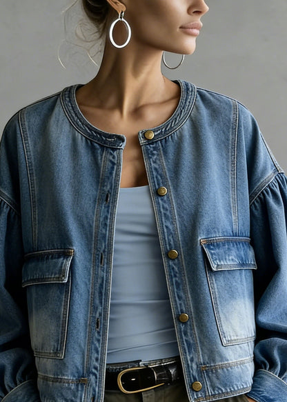 Blue O Neck Pockets Patchwork Denim Coat Spring