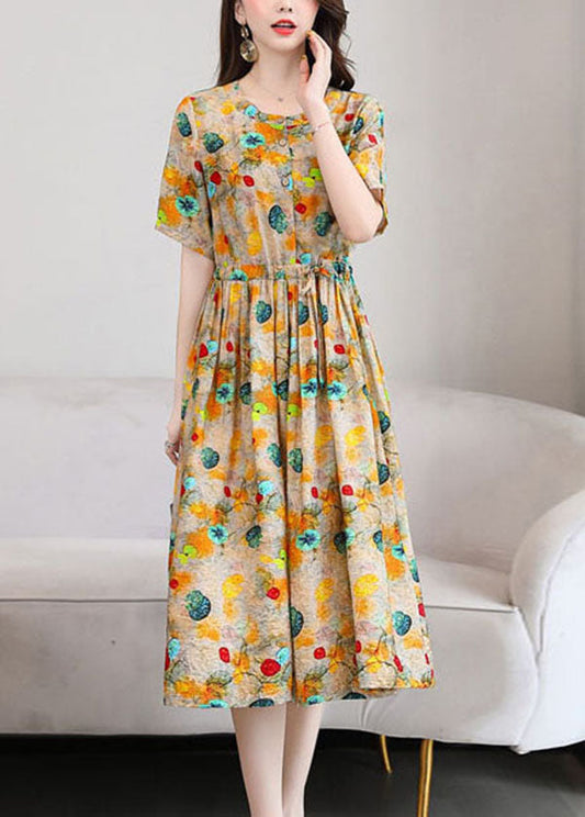 Yellow Print Linen Dresses O-neck Cinched Drawstring Short Sleeve