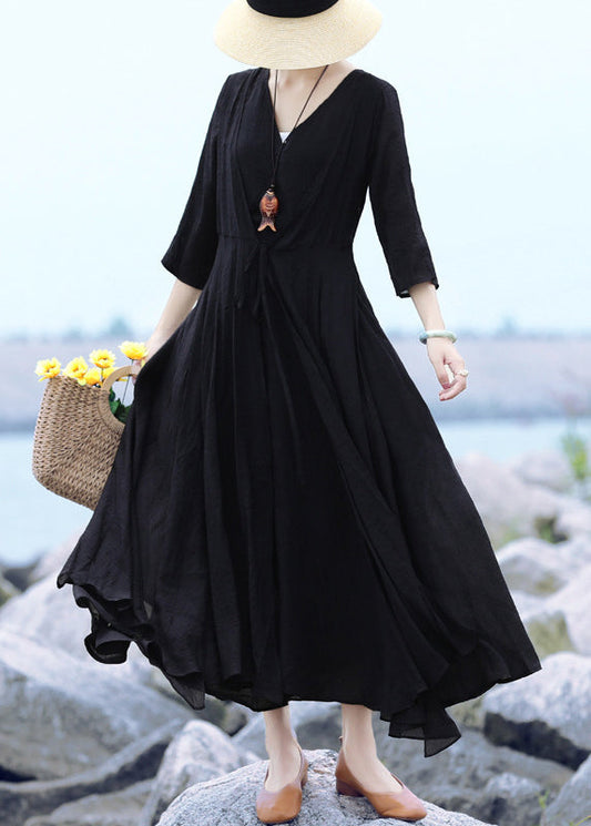 Black V Neck Asymmetrical Design Maxi Dresses Summer