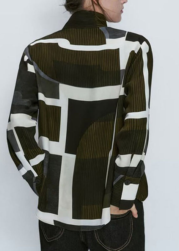 Dark Green Stand Collar Striped Patchwork Shirt Long Sleeve