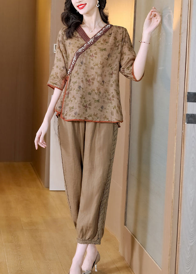 New Retro Khaki V Neck Tops and Pants Linen Two Pieces Set Summer