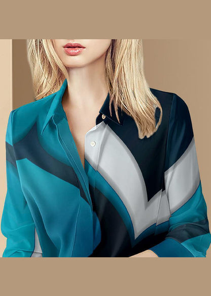 Blue Button Peter Pan Collar Print Shirt Top Long Sleeve