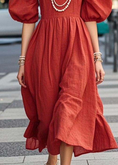 Diy Red Nail Bead Cotton Vacation Dresses Puff Sleeve
