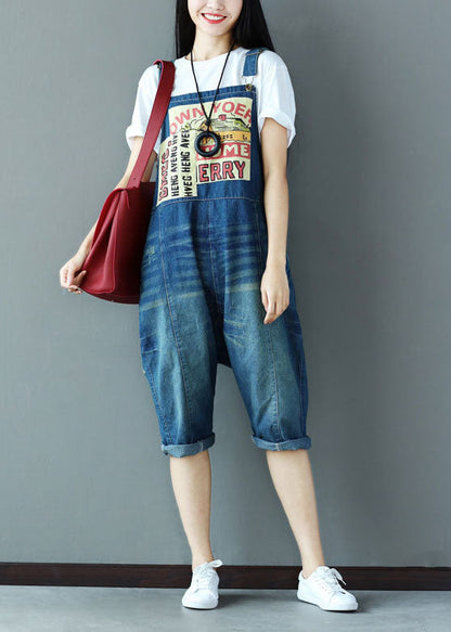 Blue Oversized Applique Cotton Denim Jumpsuit Spring