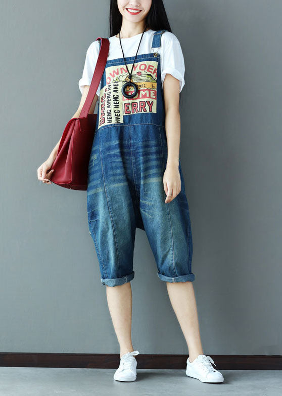 Blue Oversized Applique Cotton Denim Jumpsuit Spring