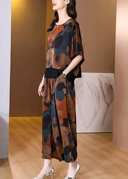 Colorblock O-neck Patchwork Silk Top and Crop Pants Two Pieces Set Batwing Sleeve