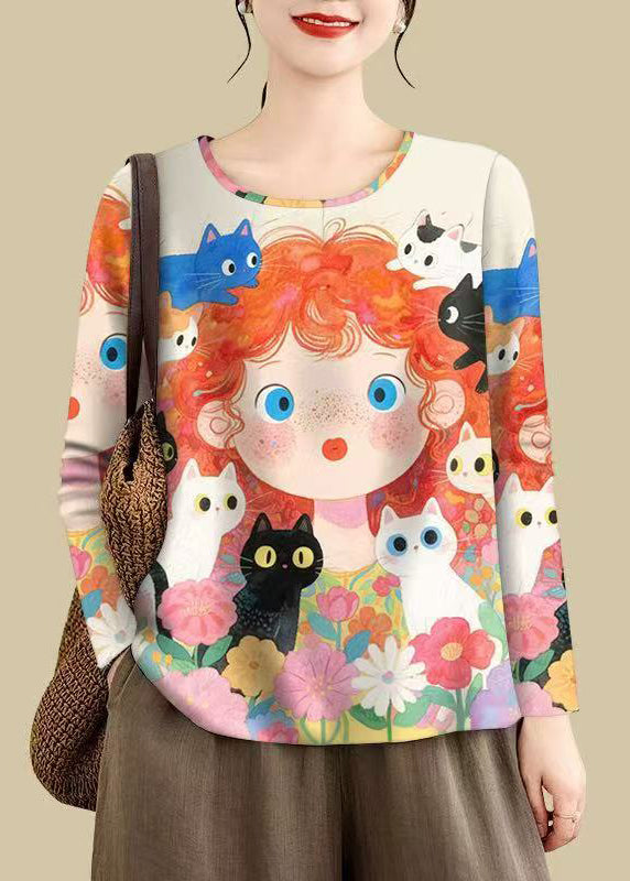 Orange Cat Novelty Oversized Print Cotton Shirts Fall
