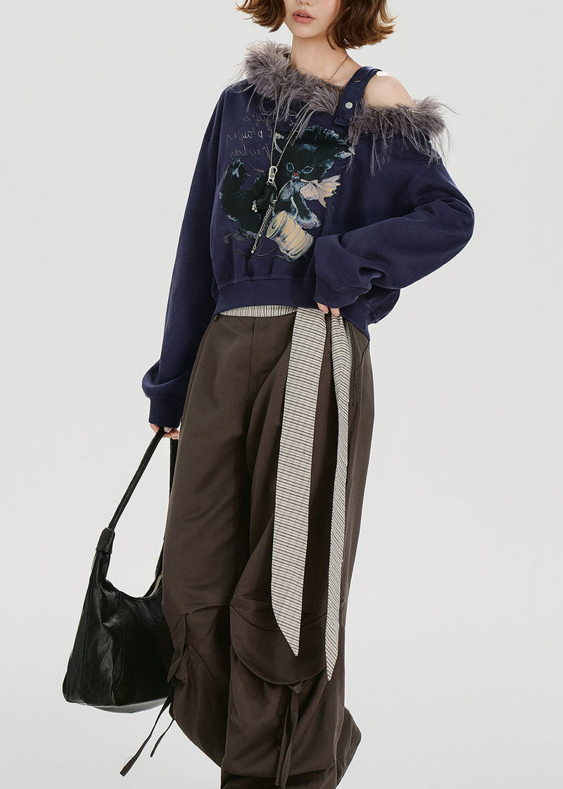Navy Print Fur Collar Patchwork Cotton Tops Spring