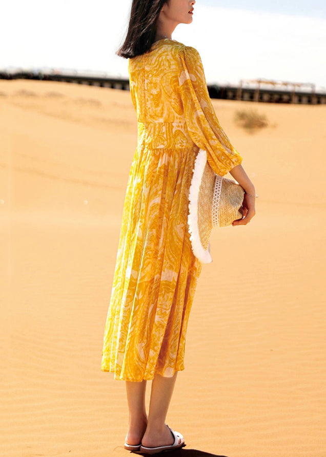 Yellow V Neck Print Chiffon Long Dresses Fall