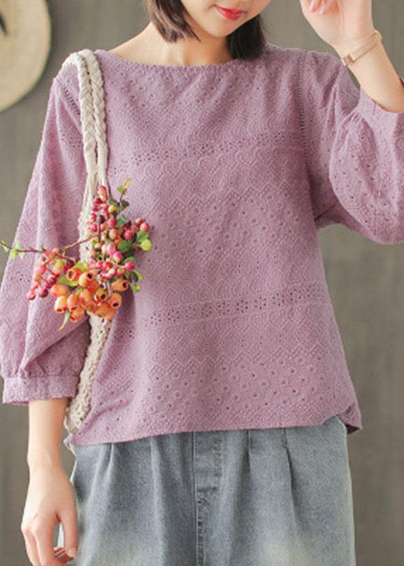 Purple Embroideried Lantern Sleeve Asymmetrical Design Cotton Blouse Top Summer