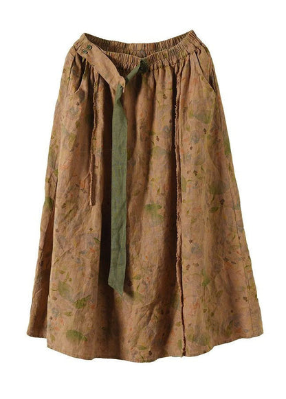 Stylish Apricot Wrinkled Pocketsprint Linen Skirts Summer