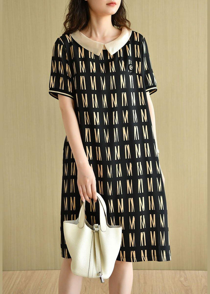 Classy Black Peter Pan Collar Graphic Patchwork Summer Maxi Dress Short Sleeve