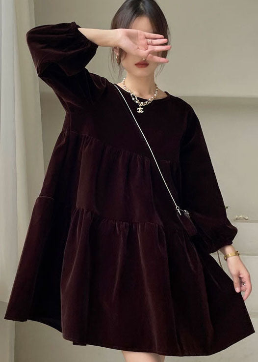 Chocolate O-neck Velour Vacation Dress Spring