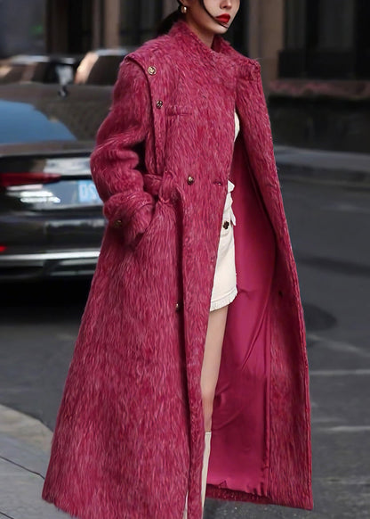 Rose Pockets Tie Waist Patchwork Woolen Long Coat Fall