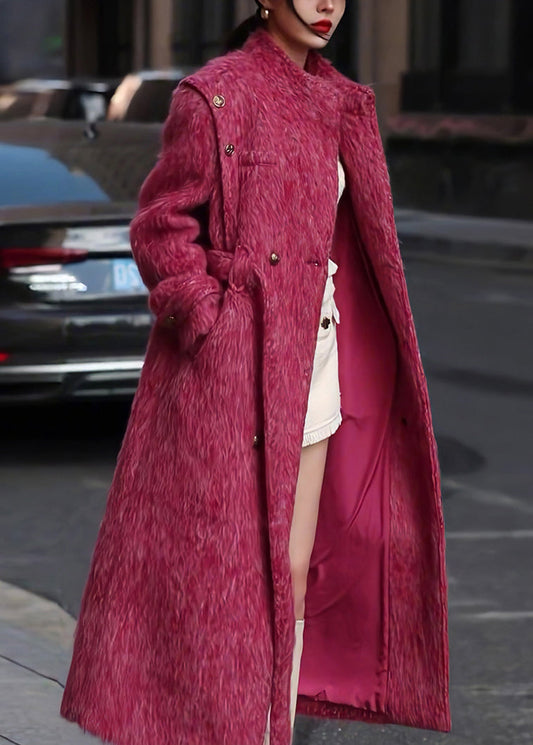 Rose Pockets Tie Waist Patchwork Woolen Long Coat Fall