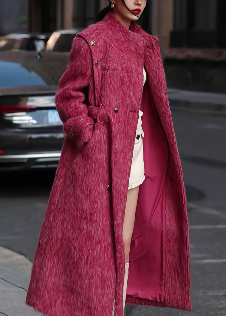 Rose Pockets Tie Waist Patchwork Woolen Long Coat Fall