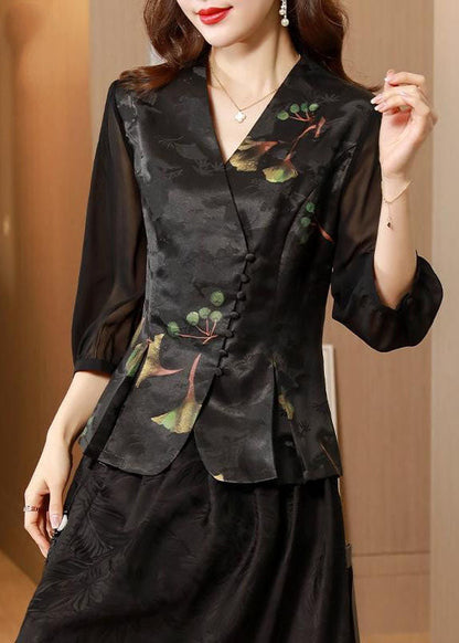 Black V Neck Patchwork Slim Fit Silk Two Pieces Set Half Sleeve