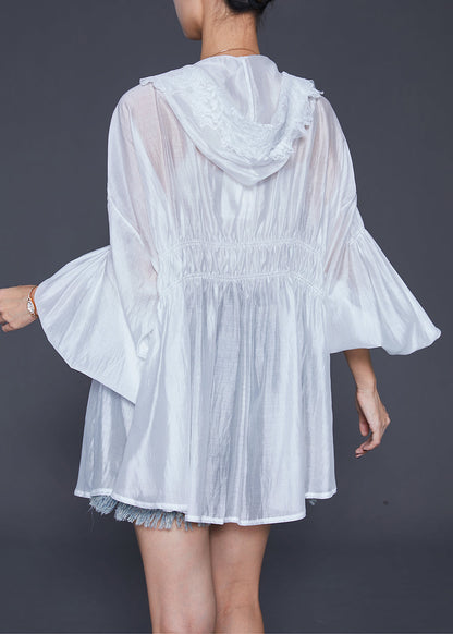 White Hooded Lace Patchwork Silk Cardigans Lantern Sleeve