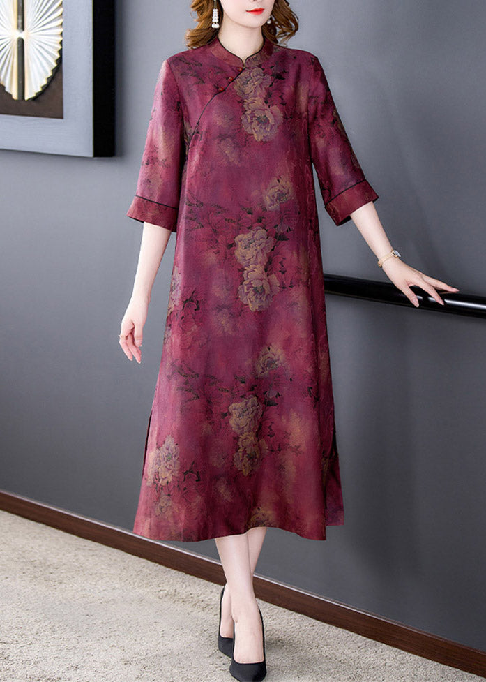 Purple Stand Collar Print Button Side Open Silk Long Dresses Summer