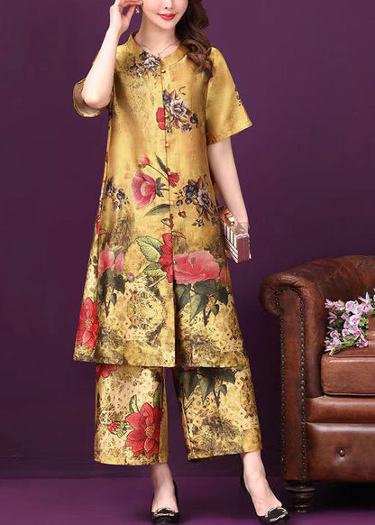 Yellow Stand Collar Pockets Print Silk Two Pieces Set Short Sleeve