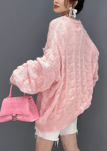Pink Oversized Hollow Out Applique Knit Sweater Tops Winter