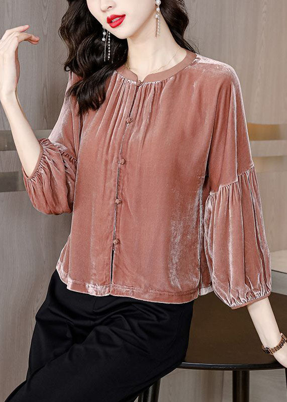 Orange O-neck Patchwork Silk Velour Shirts Bracelet Sleeve