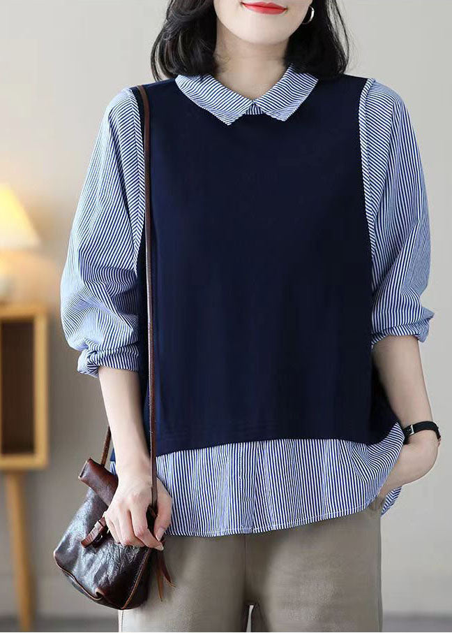 Navy Peter Pan Collar Patchwork Striped Cotton Fake Two Piece Tops Spring