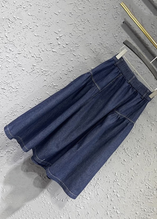 Loose Denim Blue Patchwork Button Elastic Waist a Line Skirt Summer