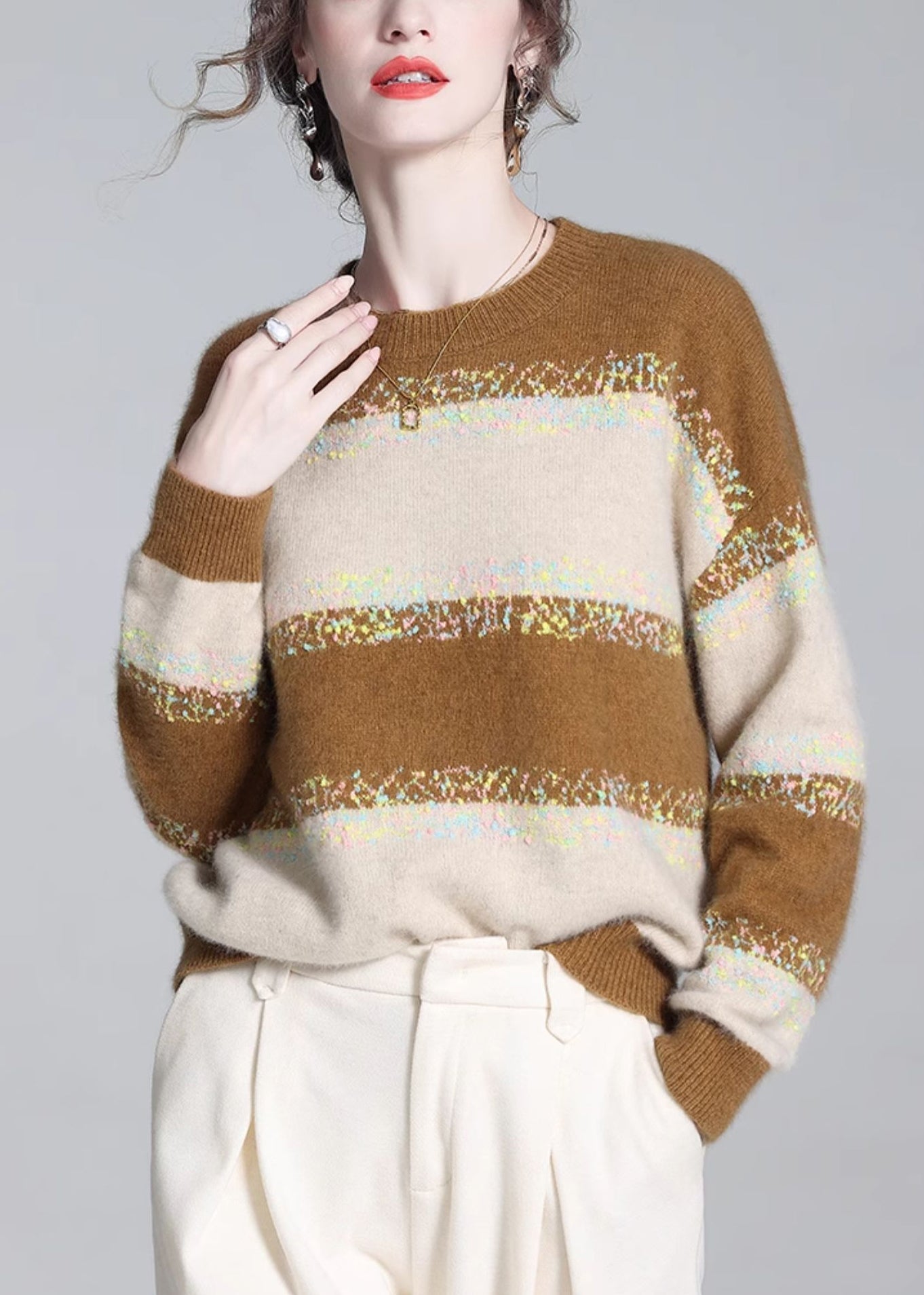 Yellow O Neck Striped Cashmere Knit Sweaters Winter
