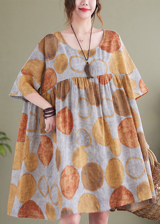 Orange Dot Print Cotton Vacation Dresses O-neck Wrinkled Short Sleeve