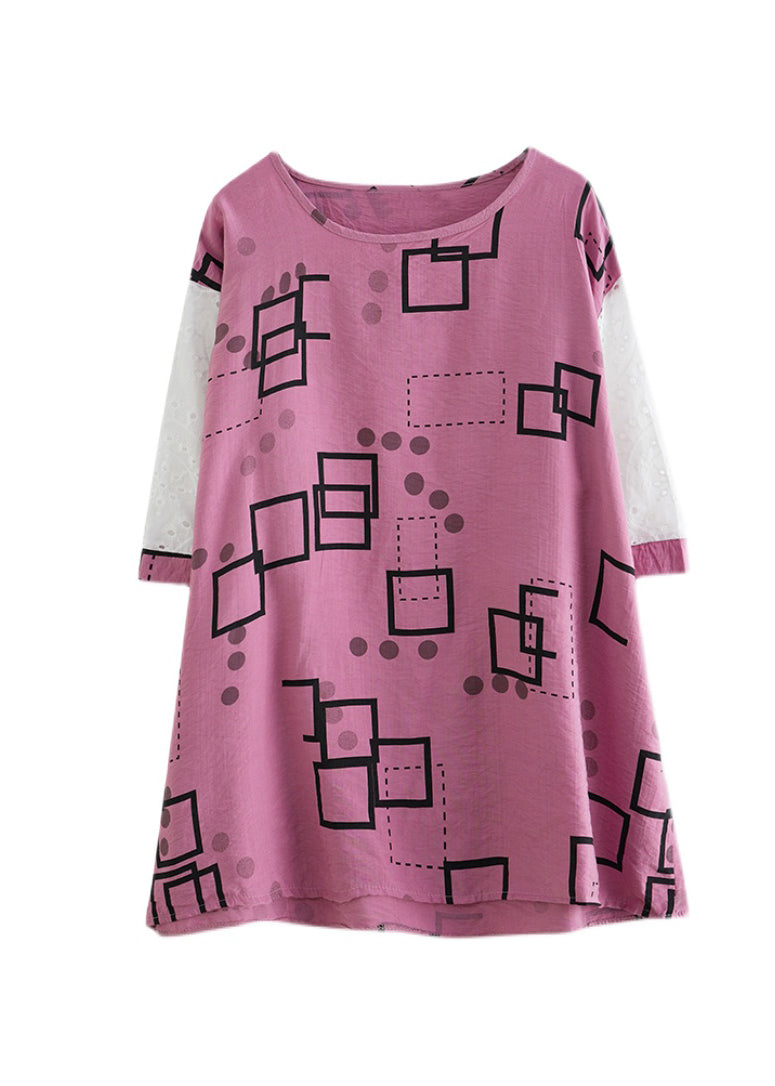 Modern Pink O-neck Hollow Out Print Patchwork Tank Tops Short Sleeve