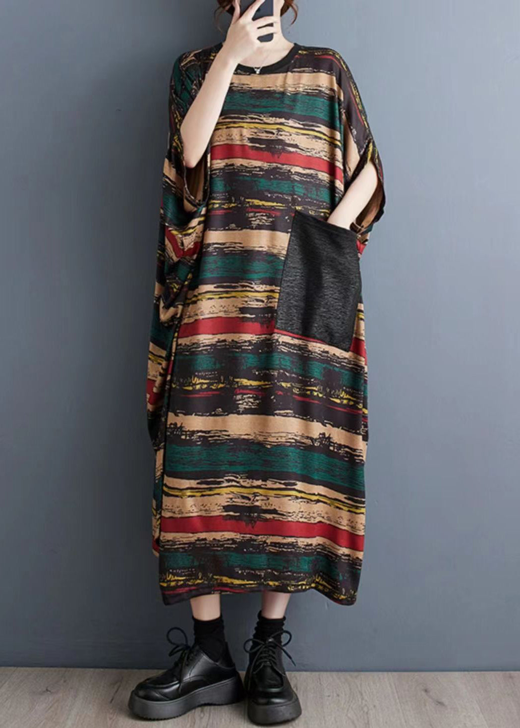 Asymmetrical Striped Pockets Long Dress Summer