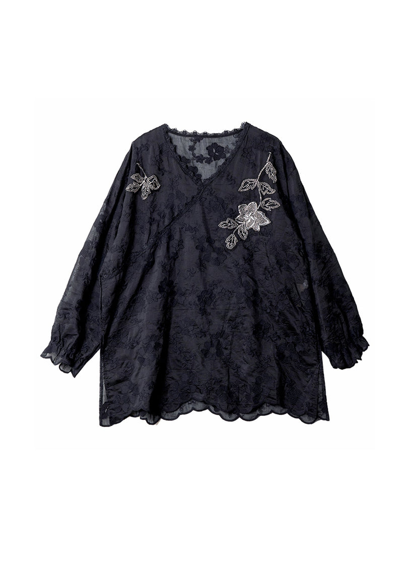 Stylish Black V Neck Embroidered Cotton Top Fall