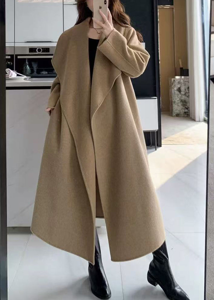 Light Camel Peter Pan Collar Tie Waist Woolen Coat Winter