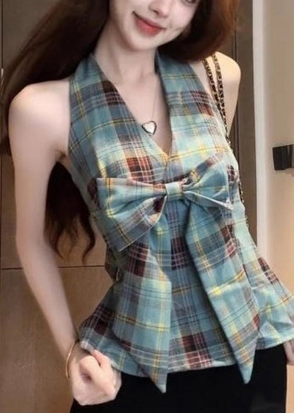 Green Backless Plaid Halter Vests Summer