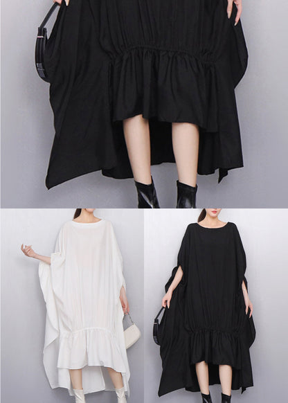 White Oversized Low High Design Cotton Dress Batwing Sleeve