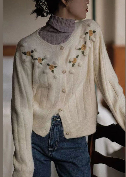 Beige Embroideried Button Patchwork Knit Coats Fall