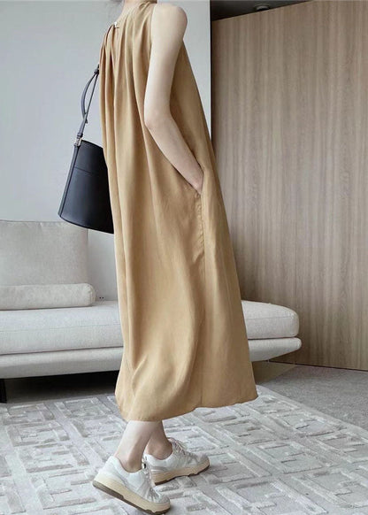 Modern Khaki O-neck Wrinkled Cotton a Line Holiday Dress Sleeveless