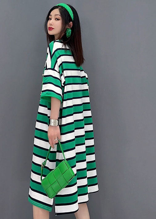 Green O-neck Striped Print Cotton Loose Dresses Short Sleeve