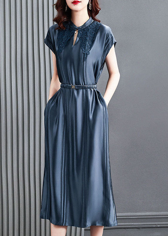 Blue Stand Collar Cinched Silk Long Dresses Summer