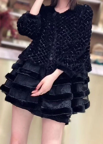 French Black O-neck Button Patchwork Velour Coats Fall