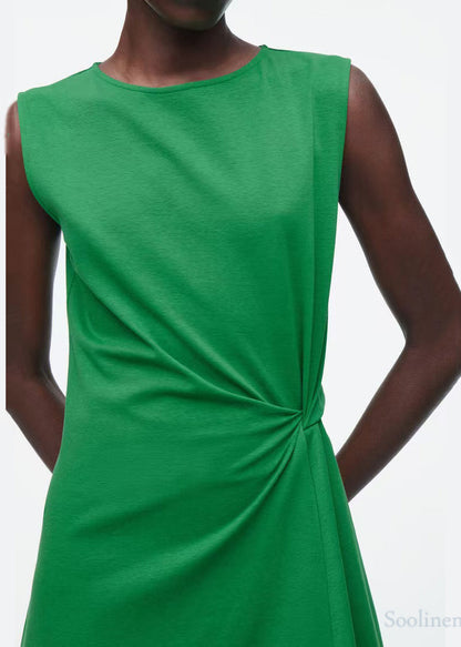 Diy Green Asymmetrical Wrinkled Cotton Dress Sleeveless