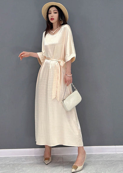 Beige O-neck Oversized Tie Waist Silk Long Dress Half Sleeve