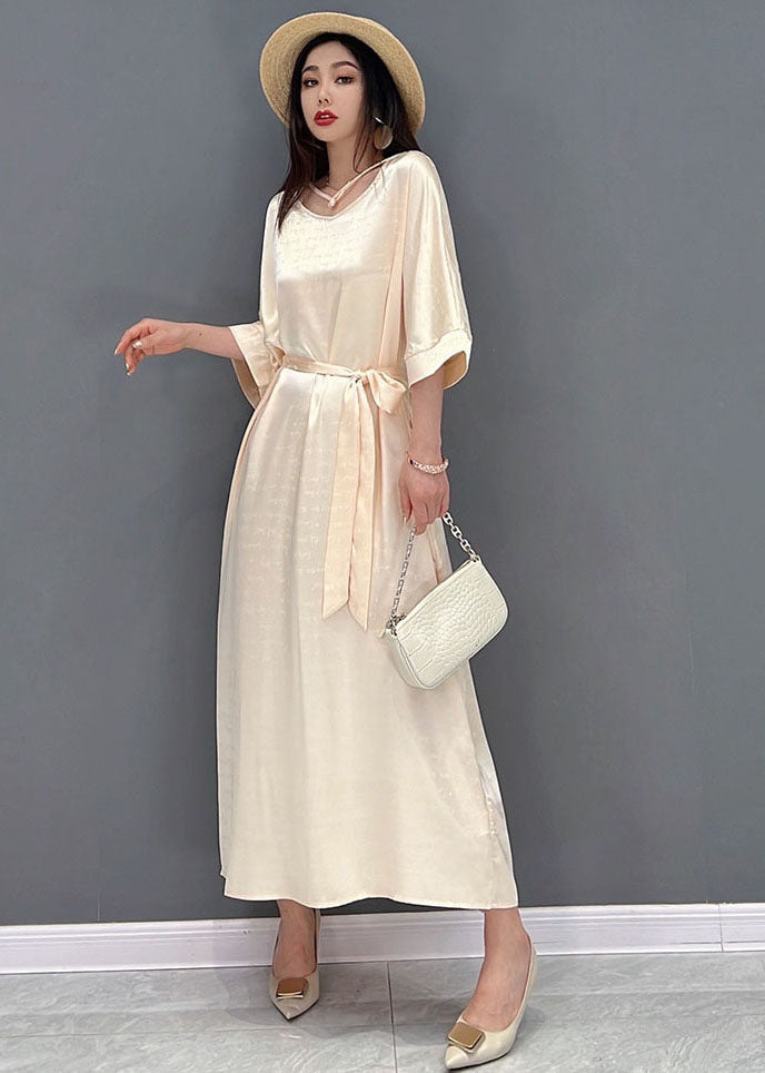 Beige O-neck Oversized Tie Waist Silk Long Dress Half Sleeve