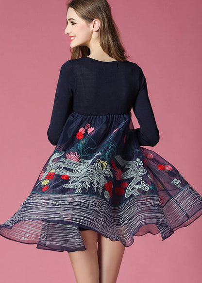 Navy Embroideried Patchwork Organza Holiday Dress Spring