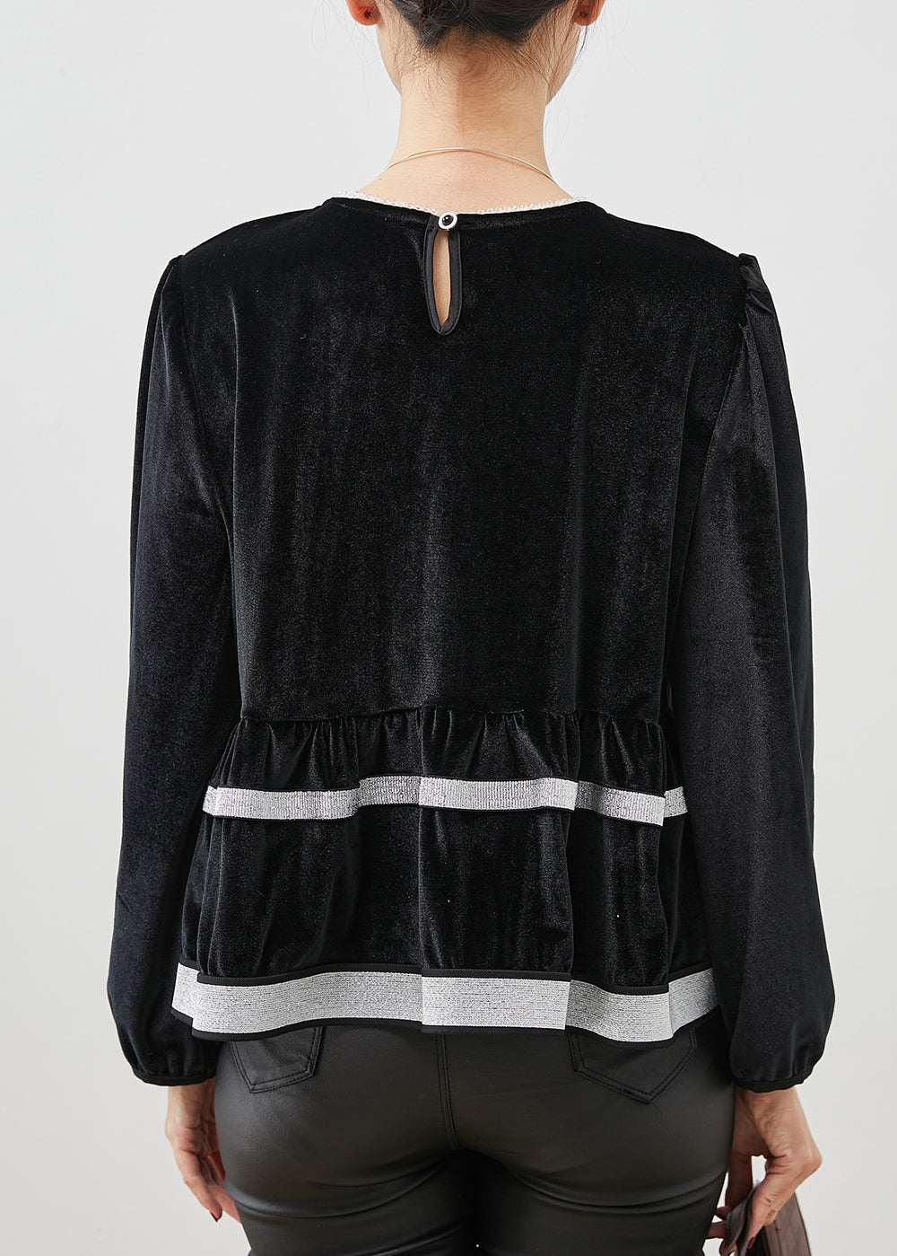 Black O-neck Patchwork Silk Velvet Sweatshirt Top Spring
