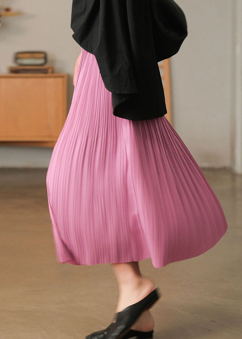 Pink Elastic Waist Cotton Pleated Skirts