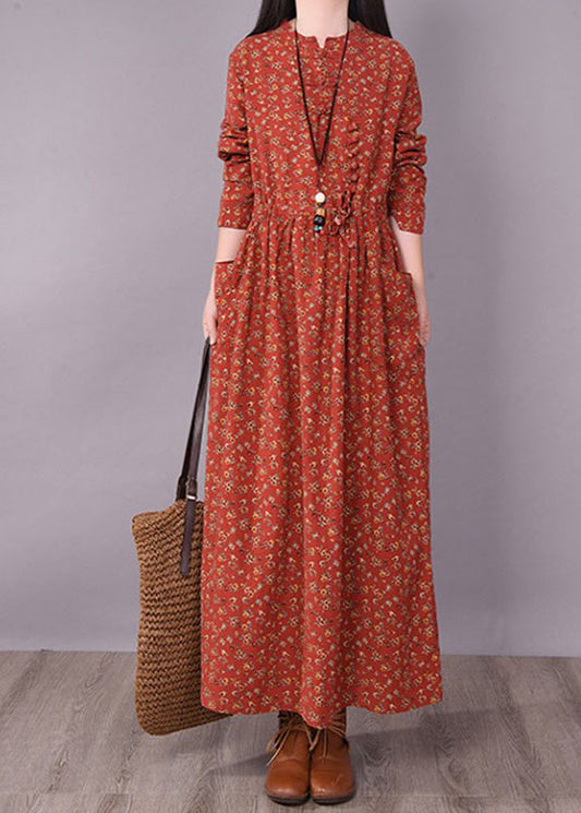 Brick Red Cinched Print Linen Long Dress Long Sleeve