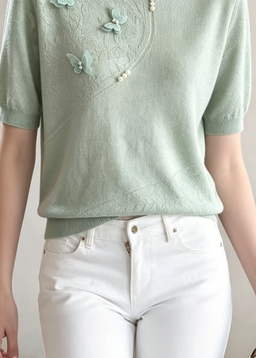 Green Jacquard Butterfly Nail Bead Thin Knit Tops Summer