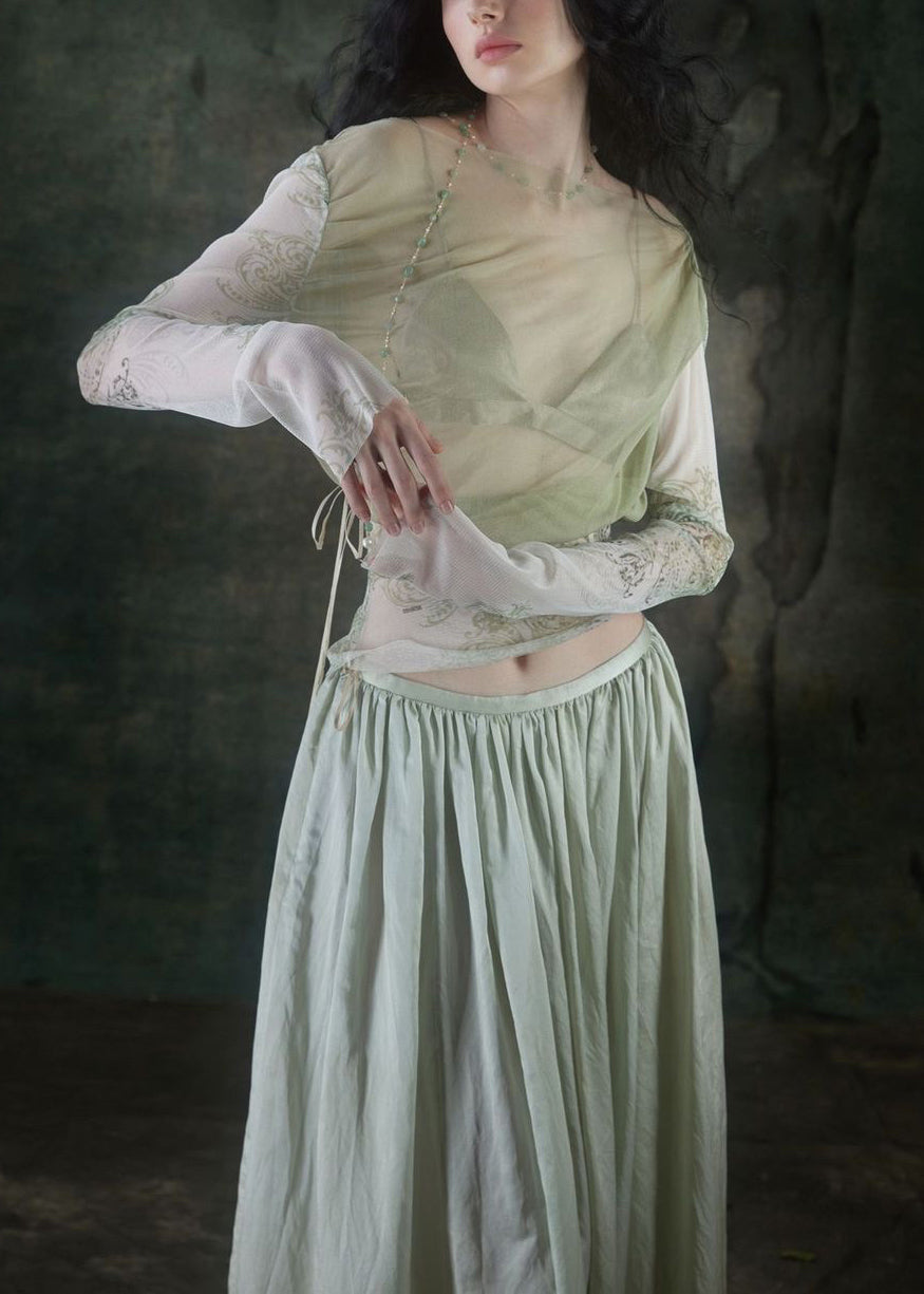 Slim Fit Cyan Tulle Embroidered Patchwork Tulle Top and Maxi Skirts Two Pieces Set Long Sleeve